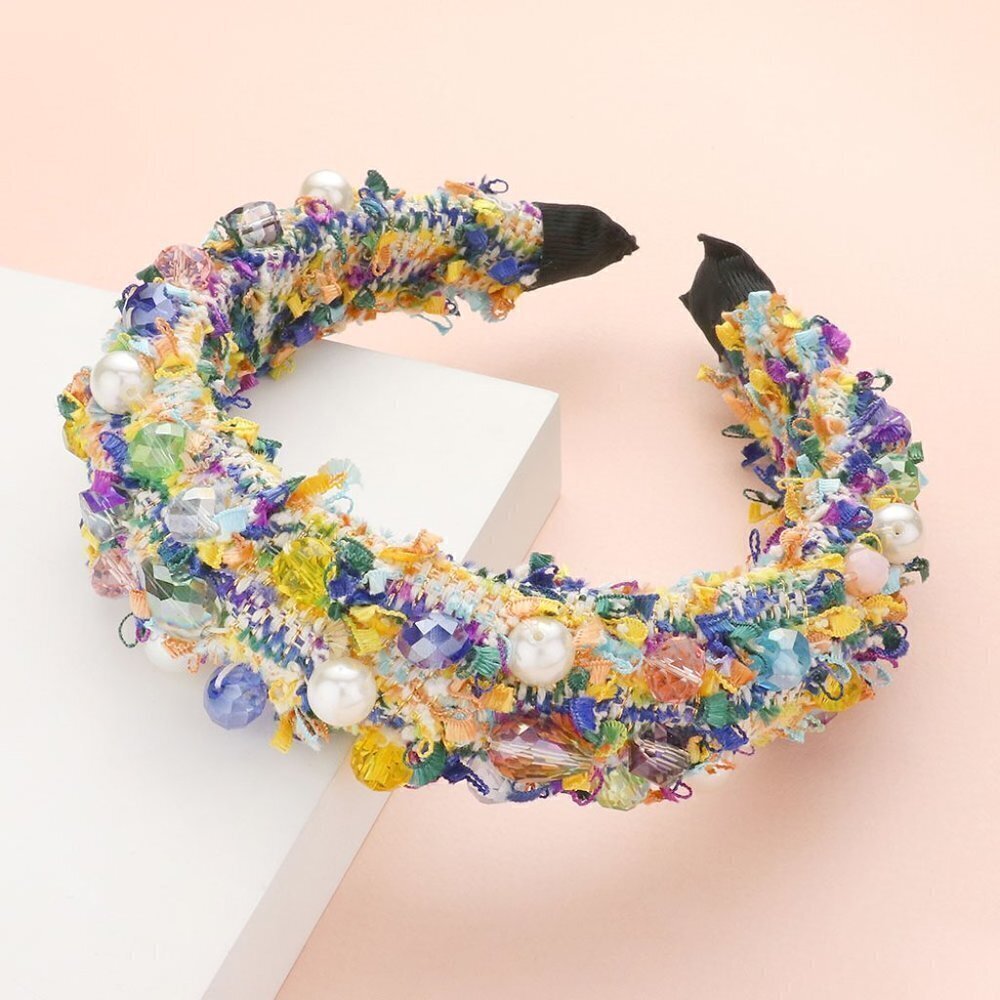 NWT Blue Yellow Distress Pearl Multi Bead Embellished Headband